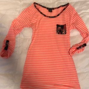 Coral and white striped shirt with floral pocket